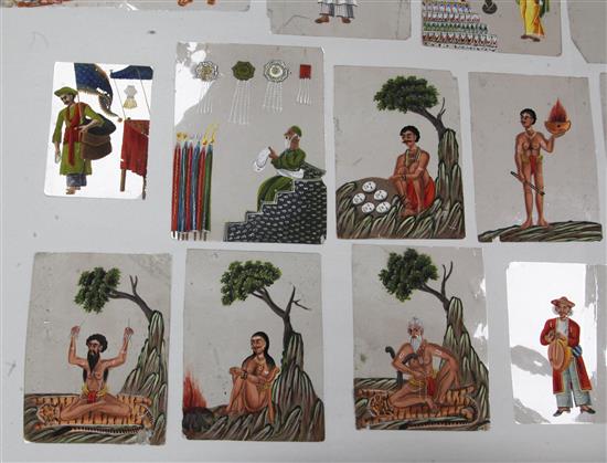 An extensive collection of 19th century Indian gouache on mica pictures, largest 5 x 7in. approx., unframed